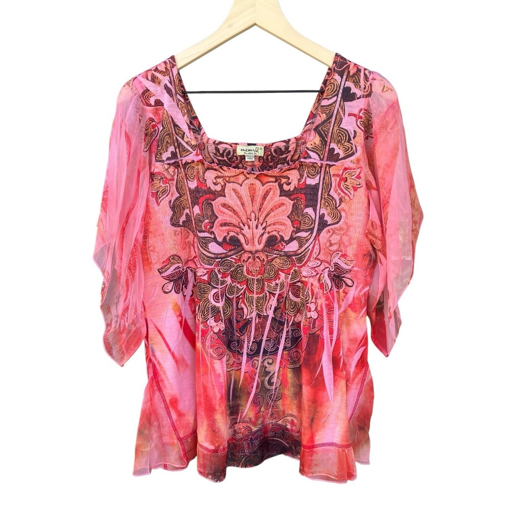 One World Boho Blouse Plus 1X Pink Floral Sheer Flutter Sleeve Square Neck Top